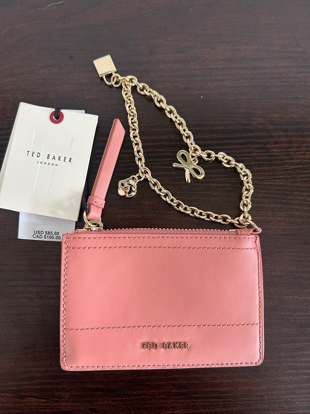 Ted Baker Coral Pink Card Holder with Gold Chain Wristlet